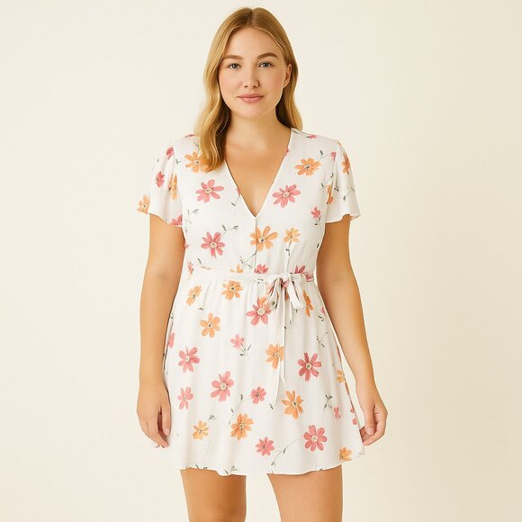 Privacy Please White Orange Floral Mini Dress V Neck Short Sleeve Tie Waist S - Picture 13 of 13